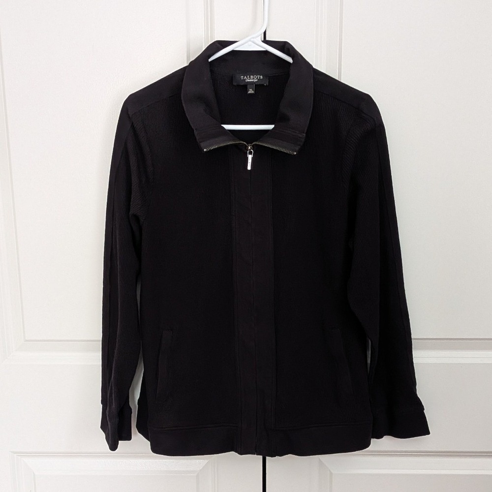 Talbots Womens XL Black Waffle Knit Full‎ Zip Jacket Sweatshirt Cotton Layering